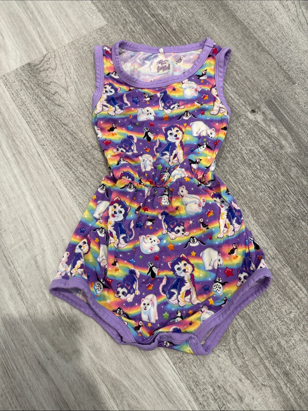 Posh Peanut Lisa Frank Purple Rainbow Puppy Print Girls' One-Piece Romper